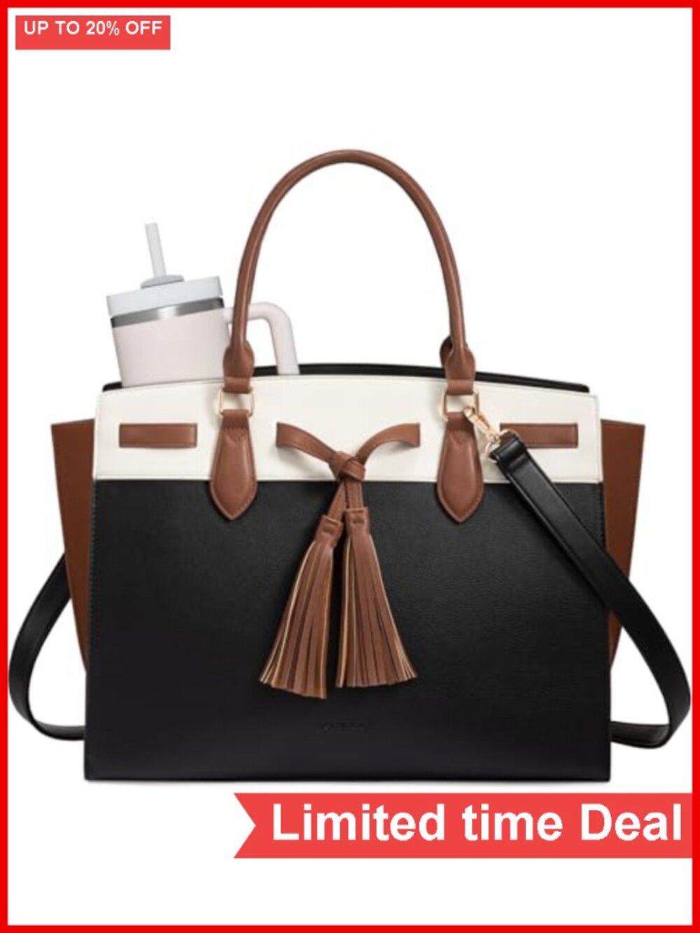 Leather Laptop Tote Bag for Women 15.6 Inch Work Bag with Cup Holder
